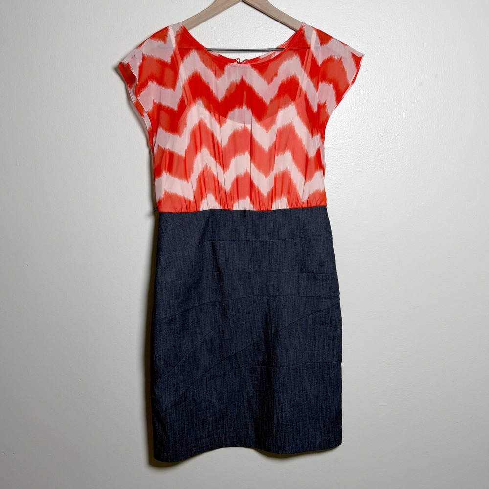 Alyx Limited Orange Chevron‎ Chiffon & Denim Tiered Sheath Dress Womens 4